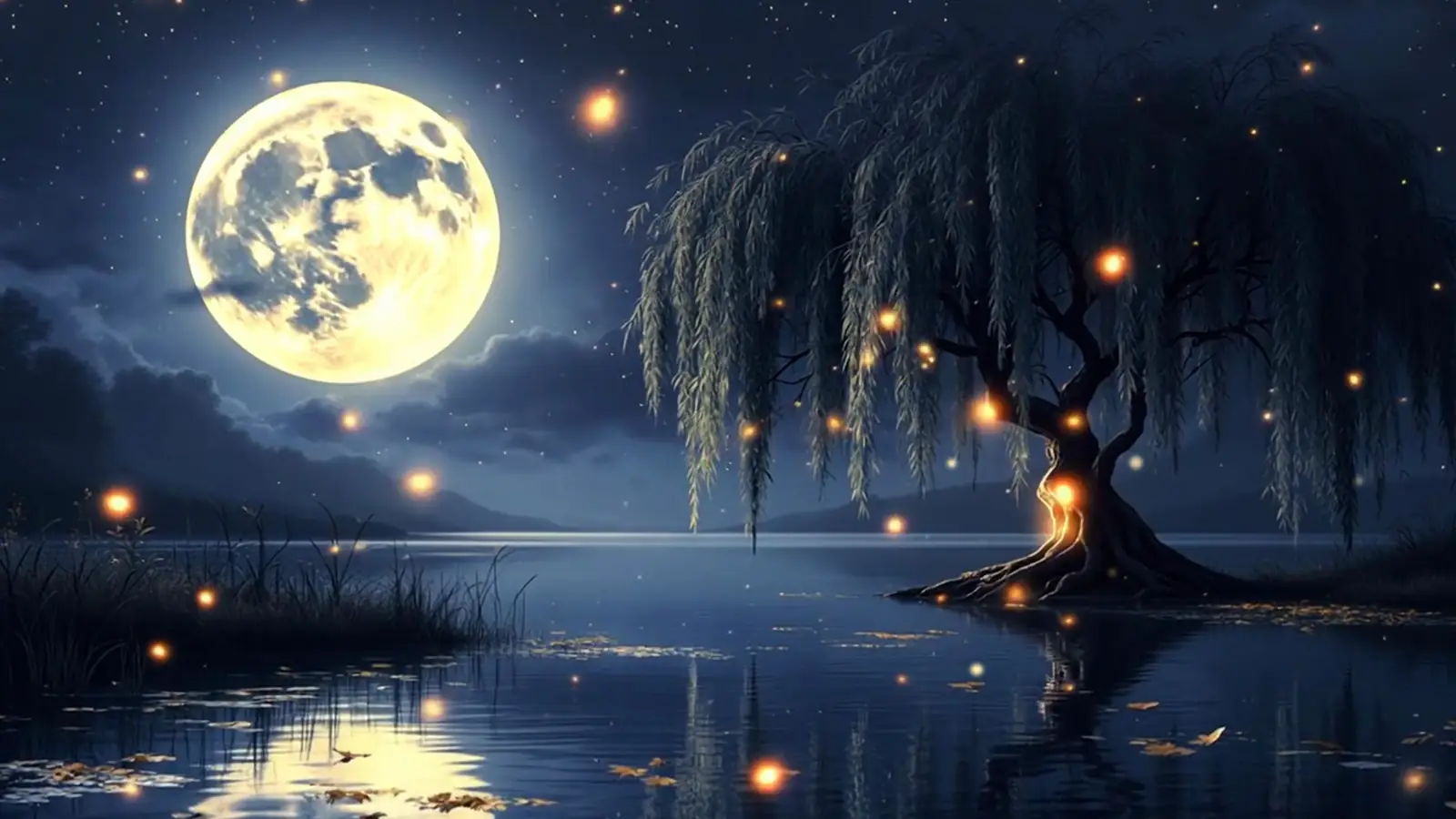 A calm moonlit lake with warm golden lights